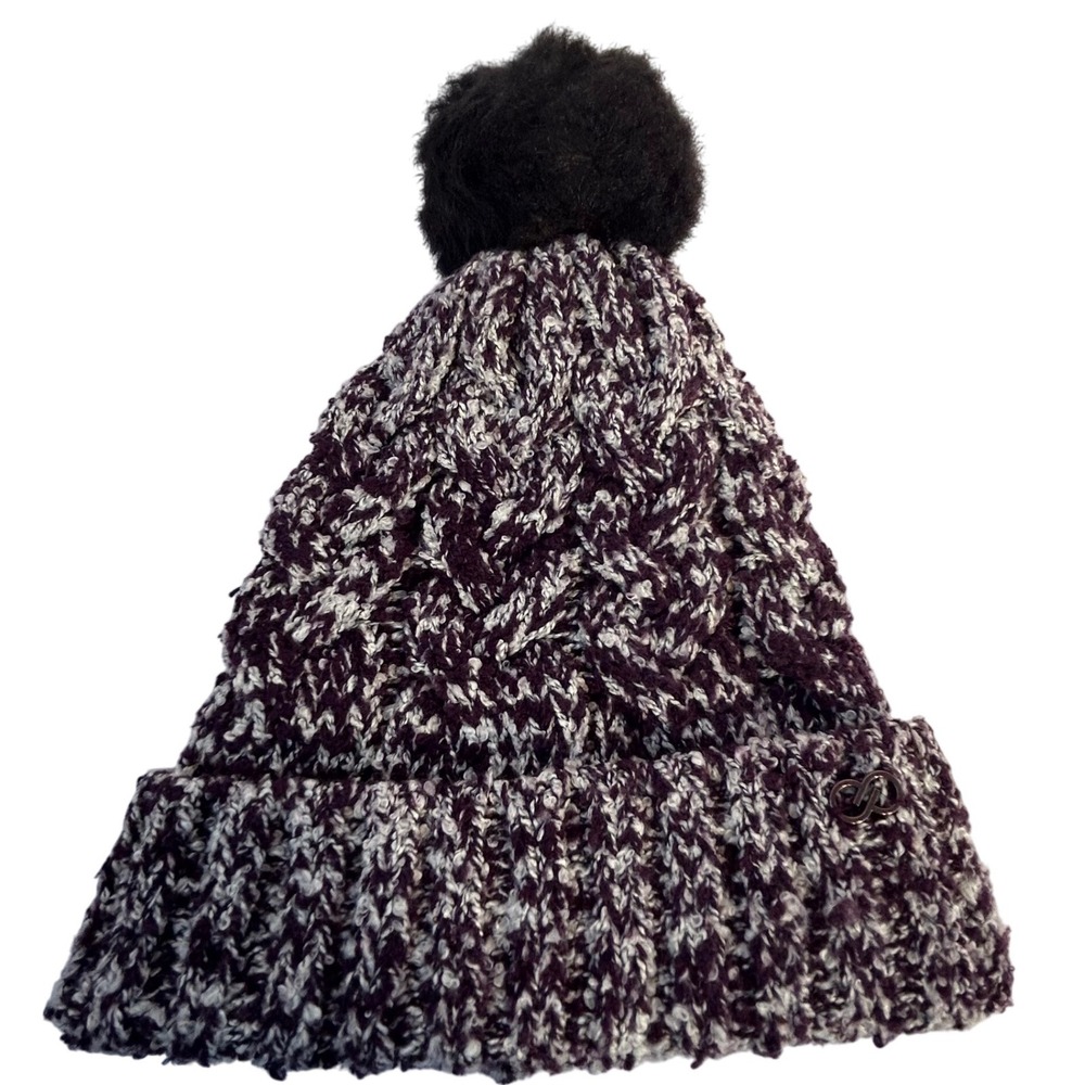Calia Women's Knit Beanie Hat with Faux Fur‎ Pom Pom Purple White